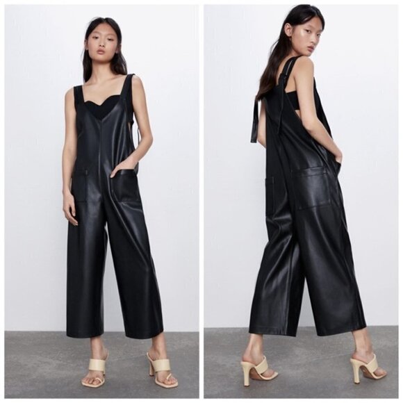 NEW ZARA S Jackie Faux Leather Jumpsuit Bloggers Favorite Crop Black Reversible - Picture 4 of 15